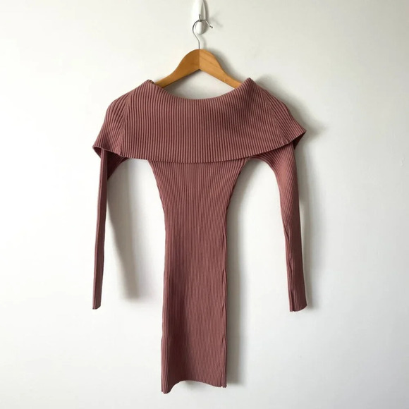 Zara Ribbed Knit Off Shoulder Long Sleeve Mini Dress NWT Mauve  Size Small - Picture 5 of 7
